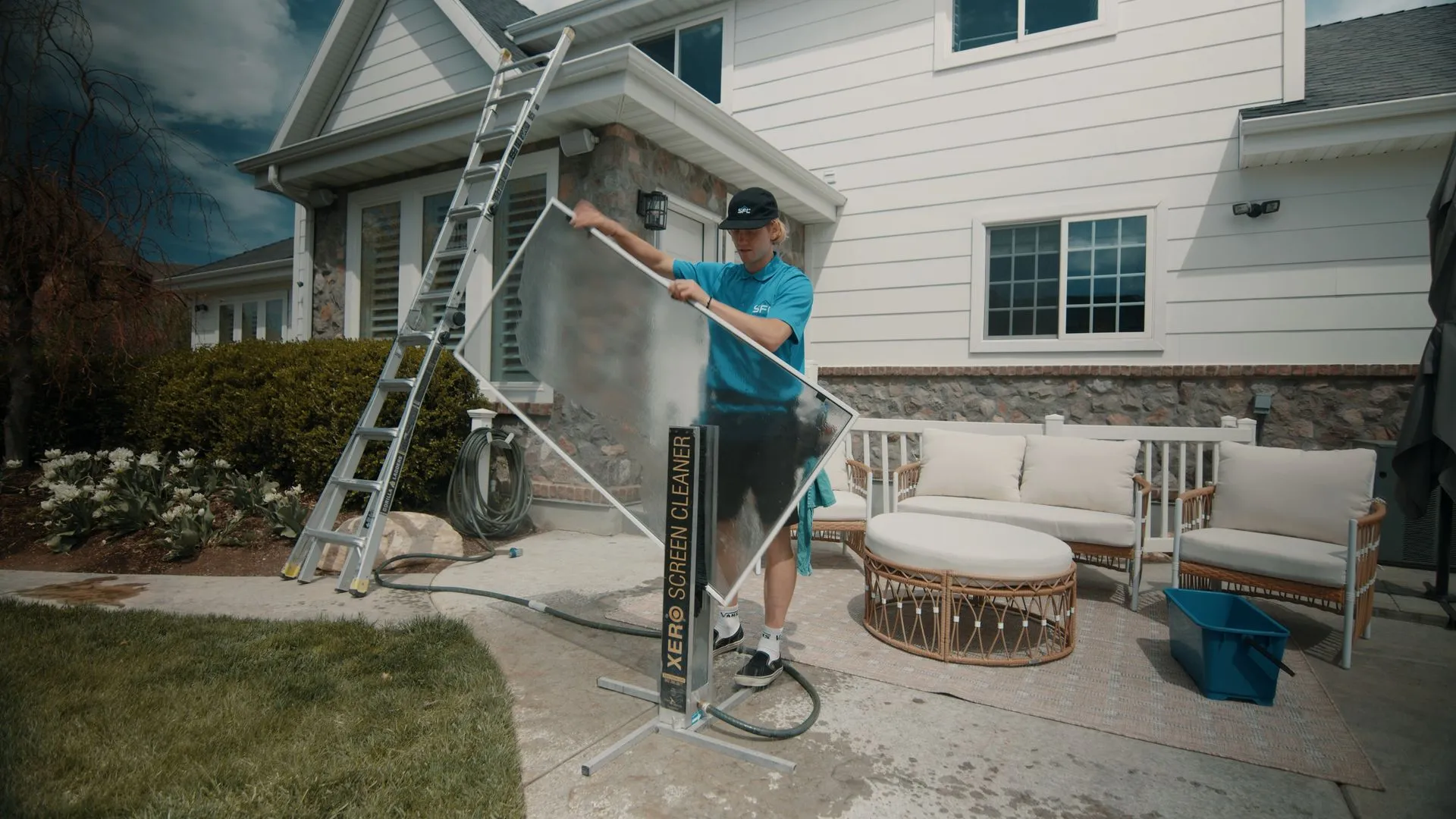 Window screens being detailed on-site with the Xero screen cleaner